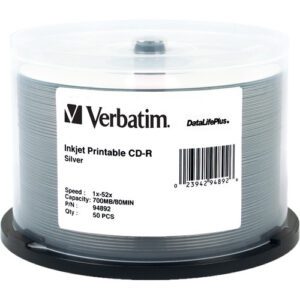 Verbatim CD-R 700MB 52x Write Once DataLifePlus Slver Inkjet Printable Recordable Compact Disc (Spindle Pack of 50)