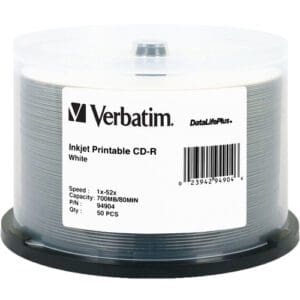 Verbatim CD-R 700MB 52x Write Once DataLifePlus White Inkjet Printable Recordable Compact Disc (Spindle Pack of 50)