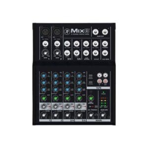 The Mackie Mix8 is an 8-channel compact mixer that features high quality components, a rugged metal chassis, and is designed for a variety of sound reinforcement applications. The mixer features two mic/line inputs with 48V phantom power, two stereo 1/4″ line inputs, and stereo 1/4″ aux send and return. It is capable of accommodating dynamic and condenser microphones, keyboards, DJ setups, portable music players, and more.