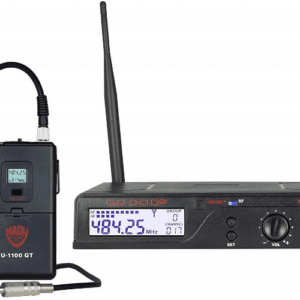 The Nady U-1100 GT Instrument Bodypack System is designed for guitar players who wish to roam about the stage wirelessly. It includes a U-1100 receiver, power supply, a U-1100GT transmitter, and a cable to attach your transmitter to your instrument. This system gives you 100 selectable UHF frequencies, providing a clear transmission and full frequency response in the process. The system provides uninterrupted PLL UHF performance, giving you 120 dB of dynamic range, and a range of up to 500′ line of sight. A built-in auto-scan function allows you to ascertain open channels and then pair the components of your system quickly and conveniently. Auto-scan can also be used to set-up multiple systems for simultaneous operation within the same space. The units feature a rugged ABS housing to ensure durability.