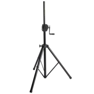 Crank can be operated manually or with the aid of a power drill for extra assitance Crank system supplies leverage for safely raising and lowering a mounted speaker Speaker pole and adapter can fit speakers with 1 3/8" or 1 1/2" mounting sockets Wide base with nonslip rubber feet provides stability for balanced speaker mounting