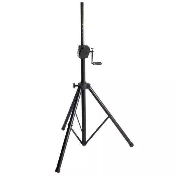 Crank can be operated manually or with the aid of a power drill for extra assitance Crank system supplies leverage for safely raising and lowering a mounted speaker Speaker pole and adapter can fit speakers with 1 3/8" or 1 1/2" mounting sockets Wide base with nonslip rubber feet provides stability for balanced speaker mounting