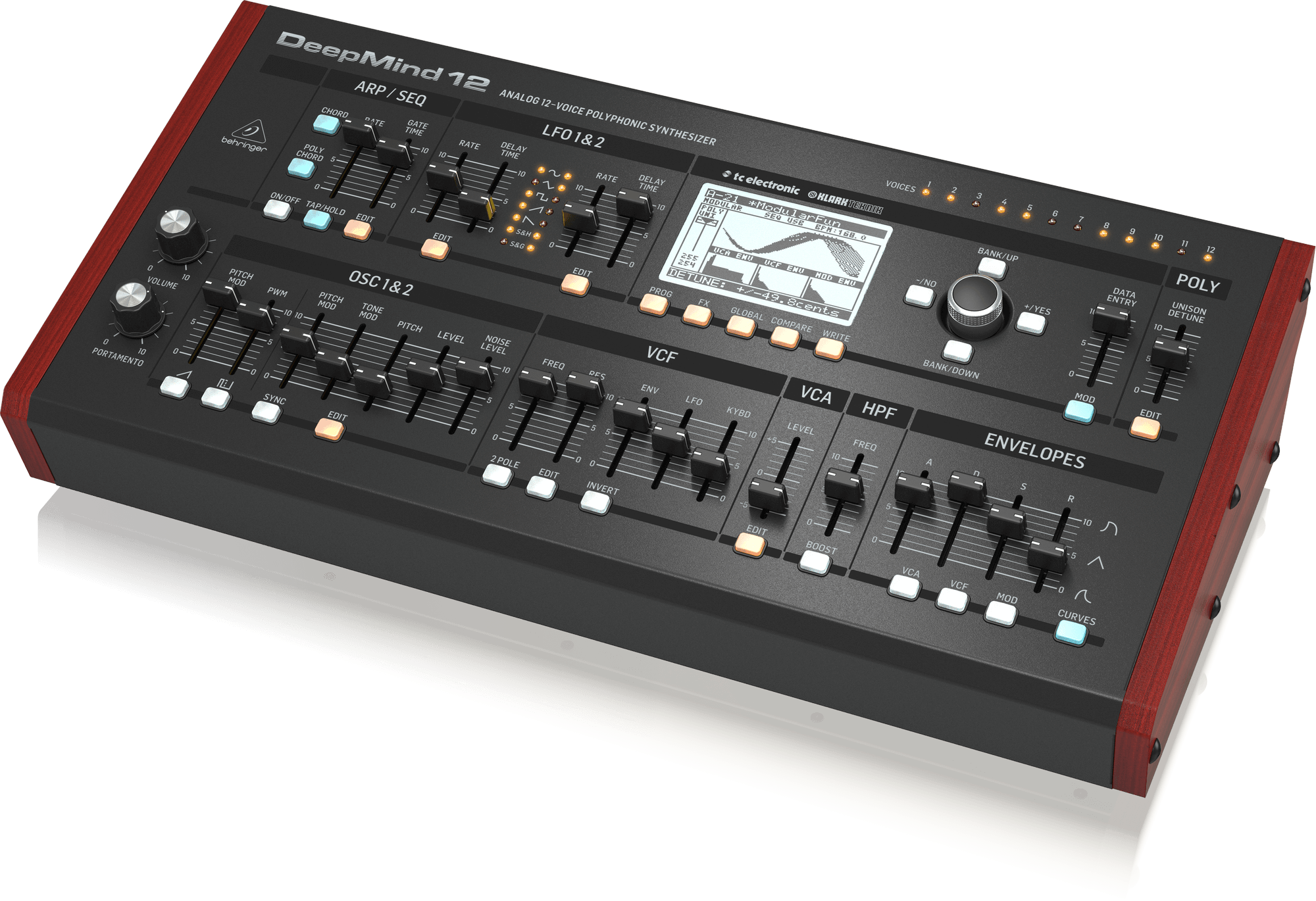 With the creation of the DEEPMIND 12D, the ultimate true analog, 12-voice polyphonic synthesizer in a convenient desktop or rack mount format is finally a reality. DEEPMIND 12D allows you to conjure up virtually any sound you can imagine with unparalleled finesse and ease. Thanks to its 4 FX engines, dual analog OSCs and LFOs per voice, 3 ADSR Generators, 8-Channel Modulation Matrix and onboard 32-Step Control Sequencer, the DEEPMIND 12D gives you complete control over your soundscape. Plus, DEEPMIND 12D features comprehensive remote control via iPad */PC/Mac and selected Android * Apps over USB, MIDI or built-in WiFi – for a custom-tailored workflow that lets your creative spirit soar to new heights.